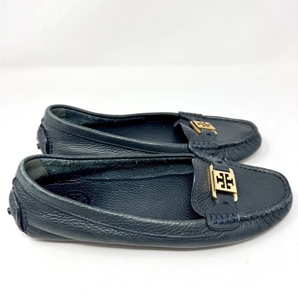 Tory Burch Kendrick Tumbled Leather Driver Loafers - Navy Blue size 7.5